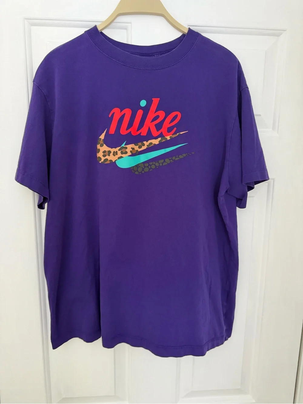 Nike Purple Short-Sleeve Tee with Coral Script and Teal & Leopard Swooshes
